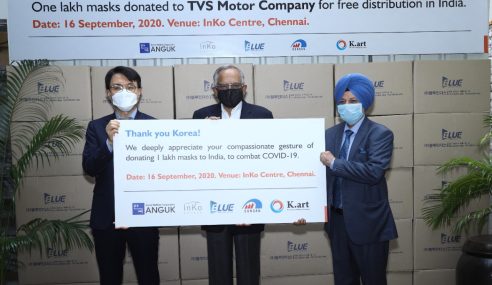 South Korean entity Anguk Zen Center donates 1 lakh masks to TVS Motor for free distribution
